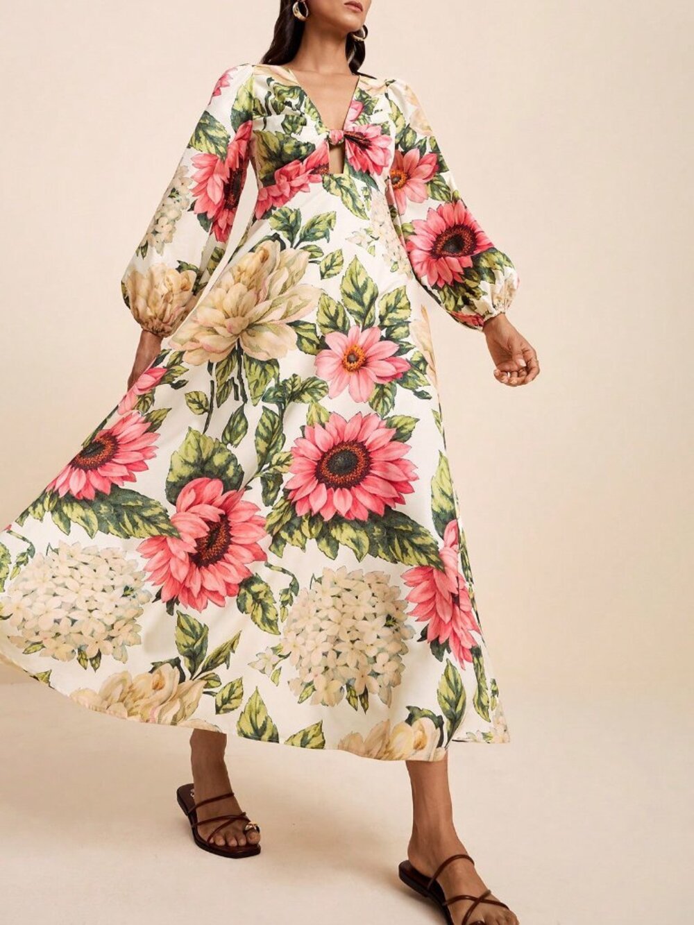 Multicolor Boho Women's V-Neck Long Sleeve Twist Knot Dress with Tropical Print - Picture 3 of 9